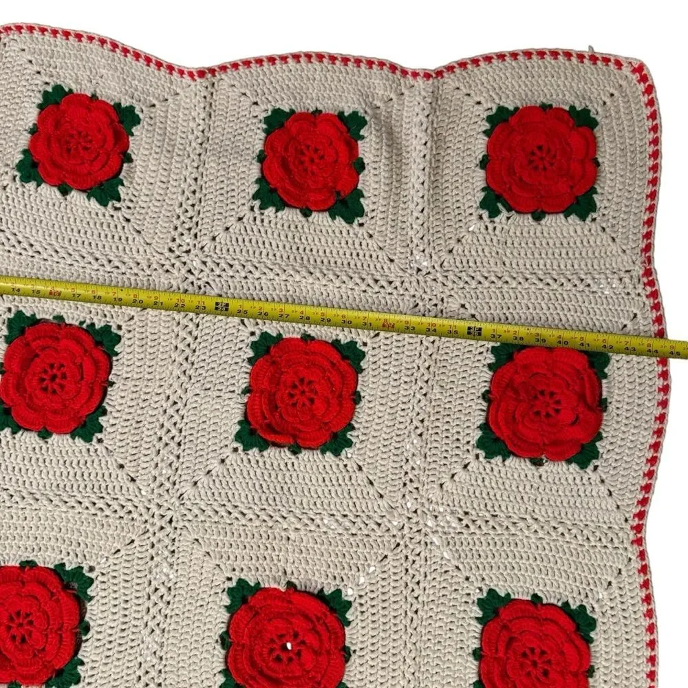 Vintage Crochet Granny Rose Square  Cottagecore Farmhouse Afghan Throw Blanket